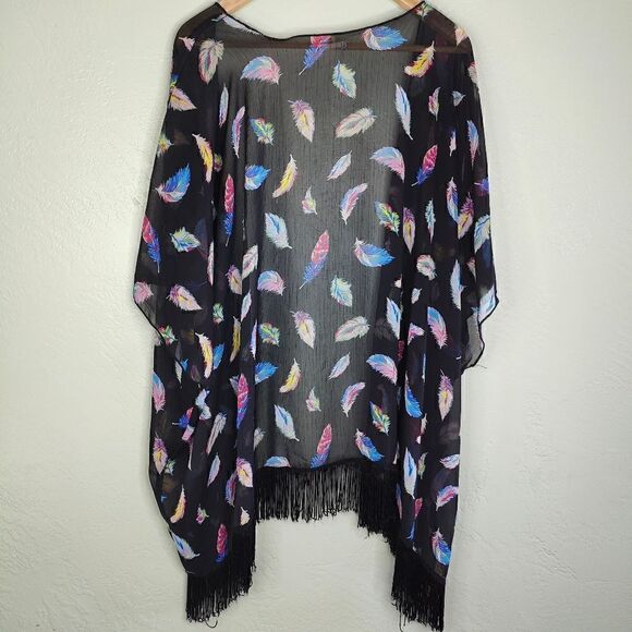 Xhilaration Boho Rainbow Color way Feather Print Open Front Cardigan - Picture 3 of 6